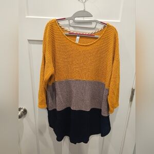 Paisley Grace Color Block Waffle Knit Tunic Top Mustard Taupe Navy XL Long Sleev